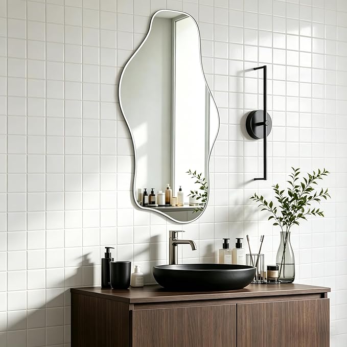 Irregular Frameless Mirror, 35.8"x17.7" Silver Asymmetrical Tempered Glass Mirror, Organic Shaped Wall Mirrors for Entryway Bedroom Living Room Bathroom, Horizontal or Vertical Hanging