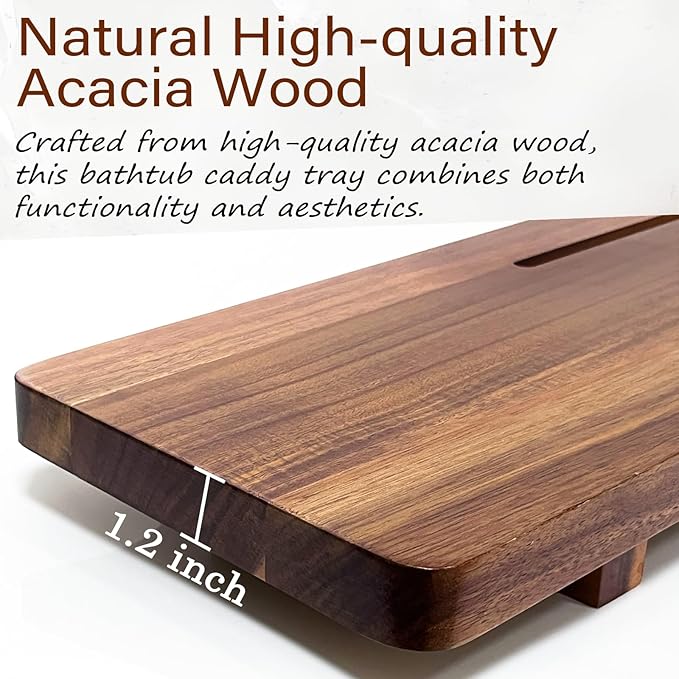 Acacia 1.2" T Wood Bathtub Tray Caddy for Freestanding Tub, 35" L Adjustable Bath Tray for Tub, Luxury Spa Bathroom Tray Organizer Table, Bath Tub Accessories for Women, Housewarming, Birthday Gifts