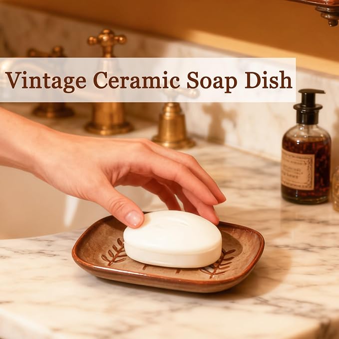 HighHerz Aesthetic Ceramic Soap Dish for Shower, Soap Holder with Raised Relief, Shower Soap Dish for Shampoo Bar Or Sponge, Soap Saver for Bathroom, Kitchen, Sink, Decorative Soap Tray (Brown)