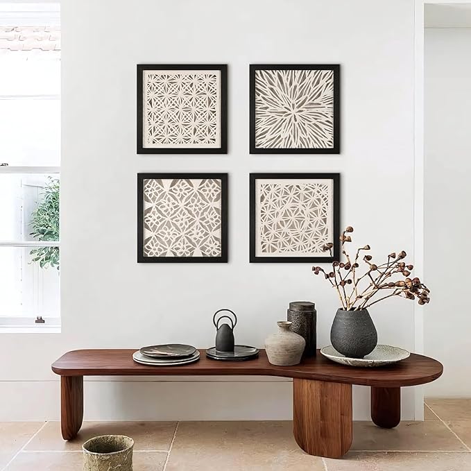 FOLKOR Framed Wall Art Black and White for Rustic Farmhouse Home Decor, 12" Rice Paper Neutral Wall Art Hanging Sculpture, Abstract Floral Artwork for Entryway Fireplace Above Bed Tv Accent