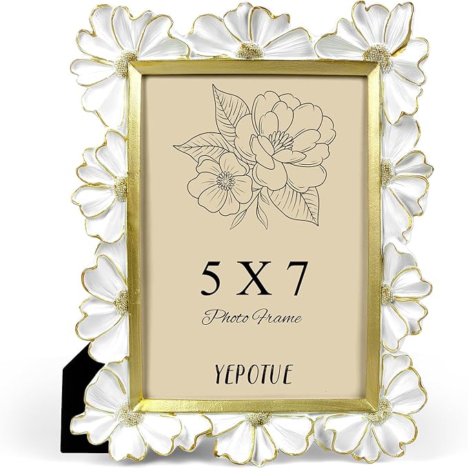 5x7 Vintage Flower Picture Frame, Ornate Antique Photo Frame with Glass Front, Elegant Picture Frame for for Wall or Tabletop Display, Gift ldeas for Home Decor (White Gold)