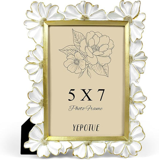 5x7 Vintage Flower Picture Frame, Ornate Antique Photo Frame with Glass Front, Elegant Picture Frame for for Wall or Tabletop Display, Gift ldeas for Home Decor (White Gold)