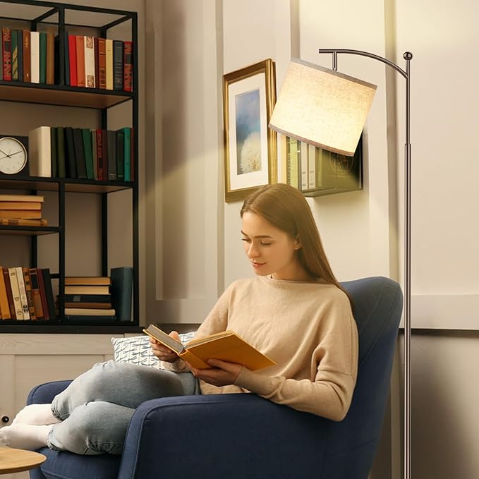 Ambimall 60" Floor Lamp for Living Room with 3 Color Temperatures, Adjustable Beige Shade with Brown Pole, Tall Lamp for Bedroom Office Classroom Dorm Room, 9W Bulb Included