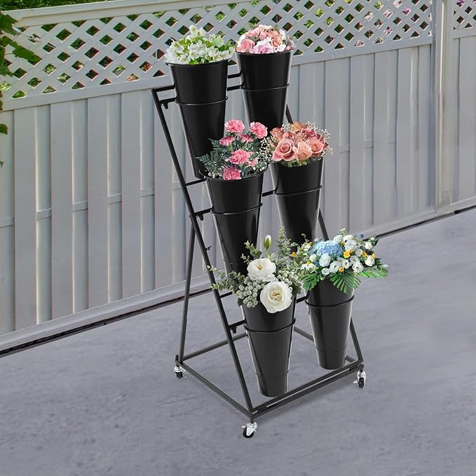 DYRABREST Flower Display Stand with Buckets, Black 3 Layers Metal Plant Stand with 6 Pieces Buckets, Moving Florist Bouquet Shelf for Fresh Flower Shop, for Patio Garden, Outdoor Flower Pop-Up Events