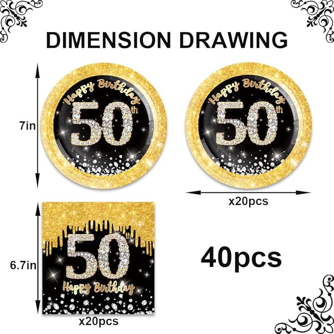 40Pcs 50th Birthday Decorations Black and Gold Cheers to 50 Years Plates and Napkins Sets Party Supplies for 20 Guests 50th Birthday Decorations Men Women