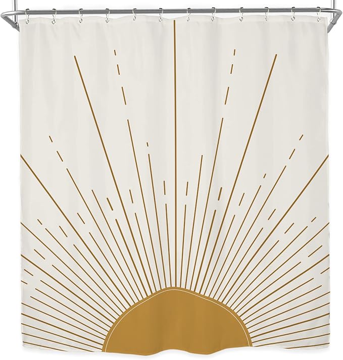 Miyotaa Abstract Sun Shower Curtain Set 60Wx71H Inches Modern Minimalist Mid Century Aesthetic Mustard Yellow Sunburst Sunrise Simple Polyester Waterproof Cloth Bathroom Curtain with 12 Hooks
