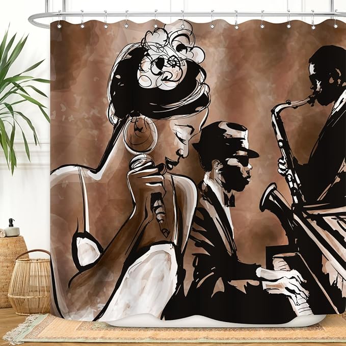 American Woman Jazz Shower Curtain African Black Girl Singing Jazzist Afrocentric Black Art Grunge Style Waterproof Fabric Bathroom Decor 72x72 Inch Brown Plastic Hooks 12
