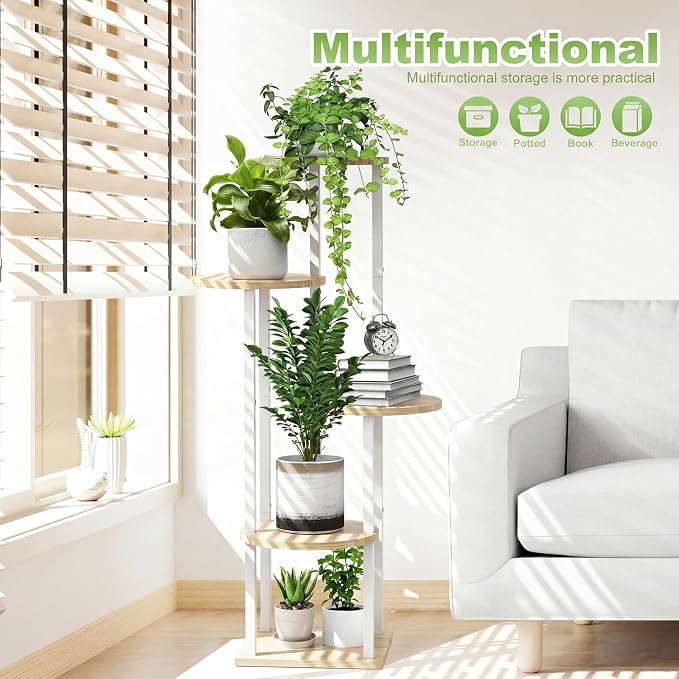 5 Tier Wood Tall Plant Stand Metal Rack Indoor, Multiple Flower Pot Holder Shelves Corner Rack, Round Planter Shelf Display Rack Storage Organizer for Patio Living Room Balcony(White+Oak)