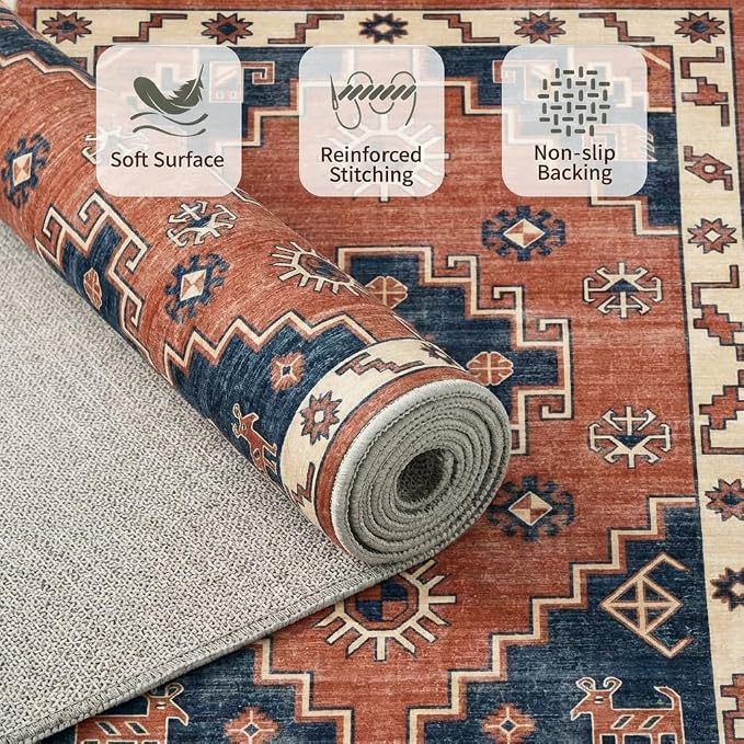 5x7 Area Rug Vintage Tribal Persian Rug with Non Slip Backing, Washable Low Pile Terracotta Red Navy Blue Carpet for Bedroom, Living Room, Dining Room, Home Office, Farmhouse