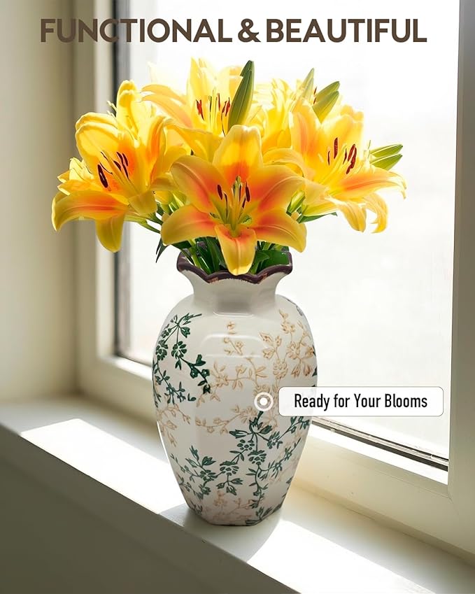 Vintage Ceramic Flower Vase Home Decor - Tabletop Rustic Tall Vase for Decor Living Room Bookshelf Office Kitchen Farmhouse Cottage, White Vases for Bouquet, Ruffled Rim | Grand Millennial | 9.1inch