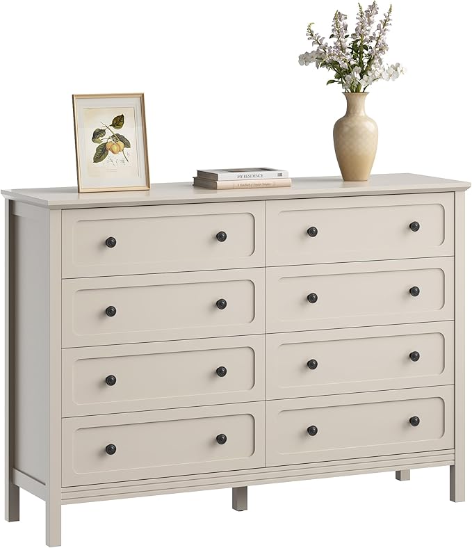 CARPETNAL Beige Dresser for Bedroom, 55" Wide 8 Drawer Dresser with Metal Handles and Deep Drawers, Modern Large Wood Chest of Drawers for Living Room, Hallway.