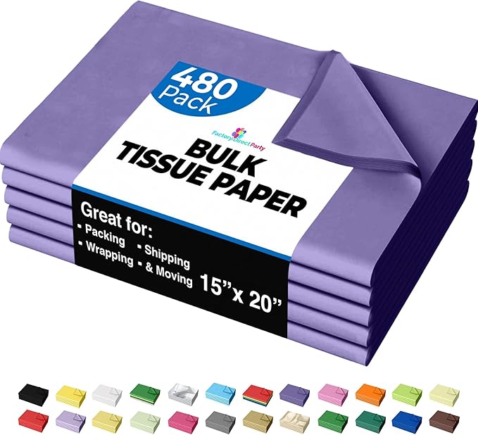 Party Solids Purple Tissue Paper for Gift Bags - 15" X 20" Bulk Tissue Paper Purple 480 Sheets - 10lb Newsprint for Packing, Birthday Gift Box Filler, Packing Supplies for Moving Supplies