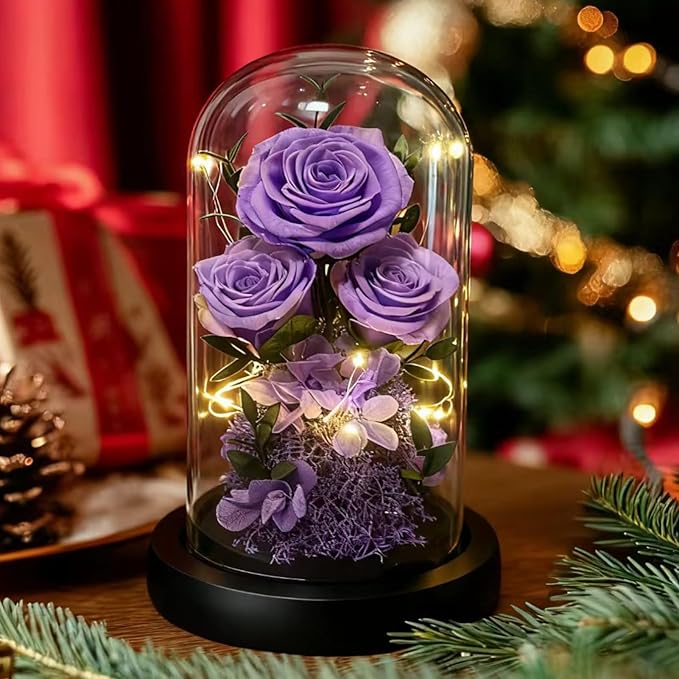 Birthday Gifts for Women Fresh Flowers for Delivery Prime Forever Preserved Rose in Glass Dome Gifts for Her Girlfriend Grandma Daughter Wife Valentines Mothers Day Christmas Anniversary-Light Purple