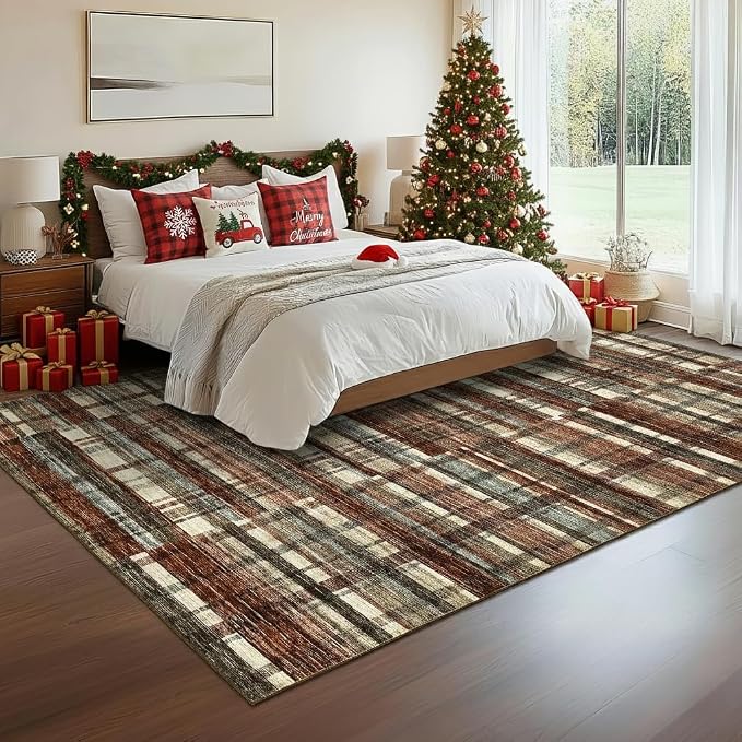 Modern Christmas Rug 9x12 Area Rug for Living Room Washable Rugs Plaid Rug for Bedroom Large Area Rug Non Slip Carpet Stain Resistant Throw Rugs for Dining Room Office Classroom, Red