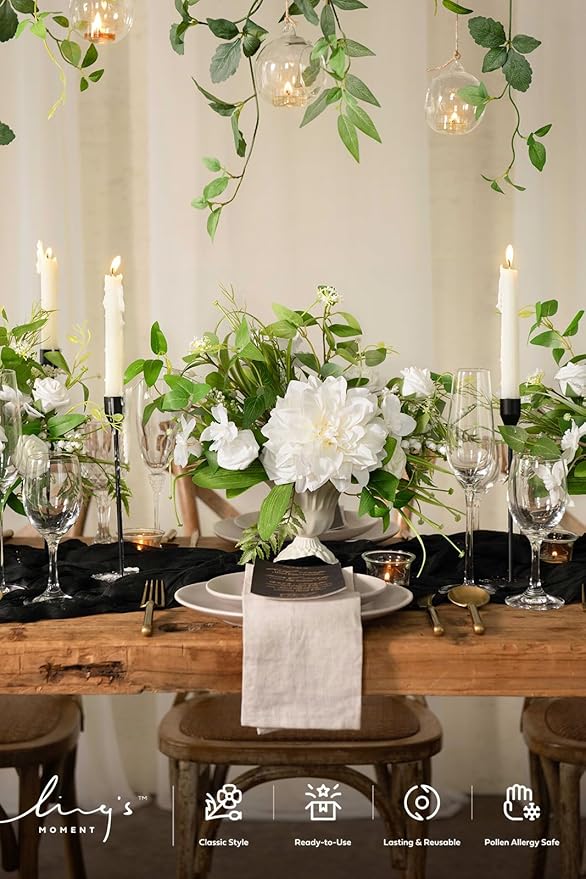 Ling's moment Green White Artificial Flowers with Vase Wedding Table Decor Bouquet Centerpiece Flower Potted for Ceremony Reception Desk Flowers Mantel Archway Aisle, Set of 2