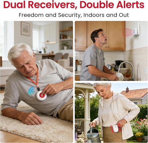 CallToU Wireless Caregiver Pager - Waterproof SOS Call Button for Elderly | 500ft Range Vibrating Receiver (2+2 Pack)