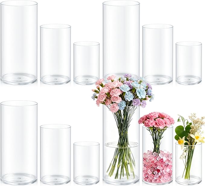 12 Pack Cylinder Vases for Centerpieces 4, 6, 8 Inch Tall Acrylic Cylinder Clear Flower Vase Set Home Decor Centerpiece Table Clear Flower Vase Decorations for Table Shelf, Party, Wedding