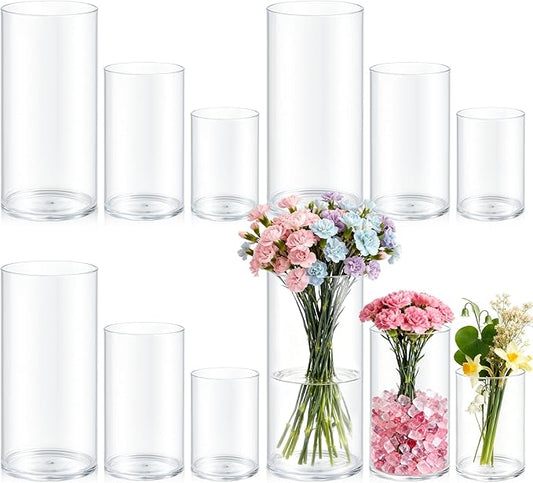 12 Pack Cylinder Vases for Centerpieces 4, 6, 8 Inch Tall Acrylic Cylinder Clear Flower Vase Set Home Decor Centerpiece Table Clear Flower Vase Decorations for Table Shelf, Party, Wedding