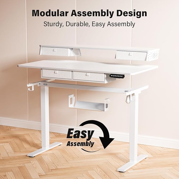 Electric Standing Desk with 4 Drawers 40''x 24'' Small Adjustable Height Sit to Stand Up Desk with Storage Shelf, C-Clamp Mount Compatible Black Home Office Desks Computer Desk Ergonomic Workstation