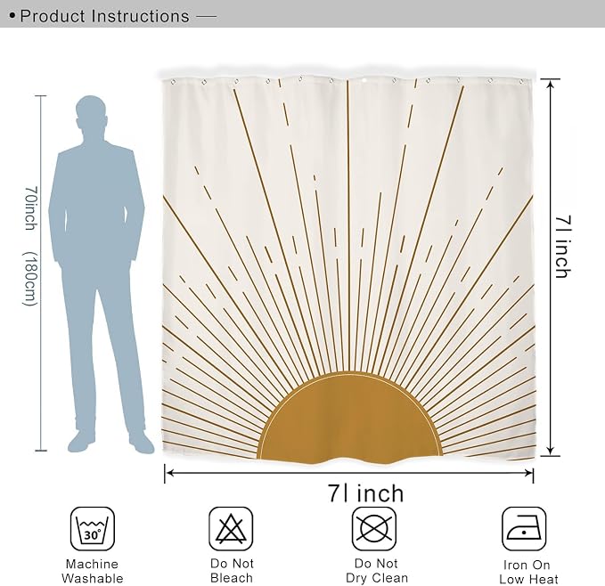 Miyotaa Abstract Sun Shower Curtain Set 71Wx71H Inches Modern Minimalist Mid Century Aesthetic Mustard Yellow Sunburst Sunrise Simple Polyester Waterproof Cloth Bathroom Curtain with 12 Hooks