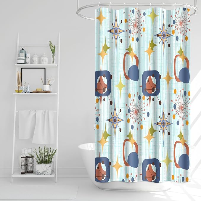 Mid Century Shower Curtain, 36x72inch, Modern Abstract Retro Blue Striped Geometric Shower Curtain Sets 1950s Boho Bathroom Shower Curtain with 6 Hooks