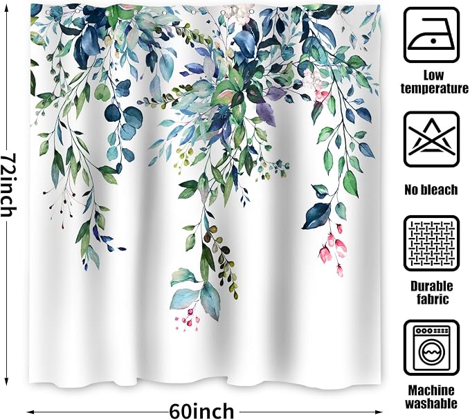 Eucalyptus Shower Curtain, Watercolor Green Leaves Plant Floral Spring Nature Waterproof Fabric Machine Washable with Hooks for Bathroom Bathtub Decor 60Wx72H