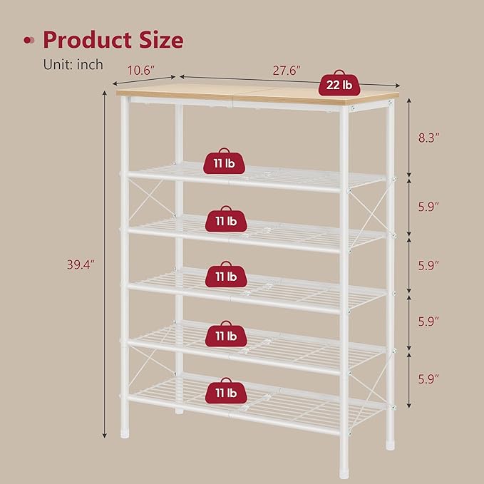 Tajsoon 6 Tier Shoe Rack Organizer for 20-24 Pairs of Shoes, Metal Mesh Shoe Shelf for Closet, Industrial Shoe Rack for Entryway Shoe Storage with X Shape Fixed Frame, White & Log