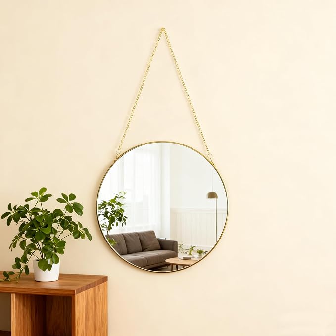 11.8-inch Modern Round Wall Mirror with Metal Frame and Hanging Chain, Suitable for Entryway, Hallway, or Bathroom Small Gold Metal Frame Mirror (Gold, 11.8 inch)