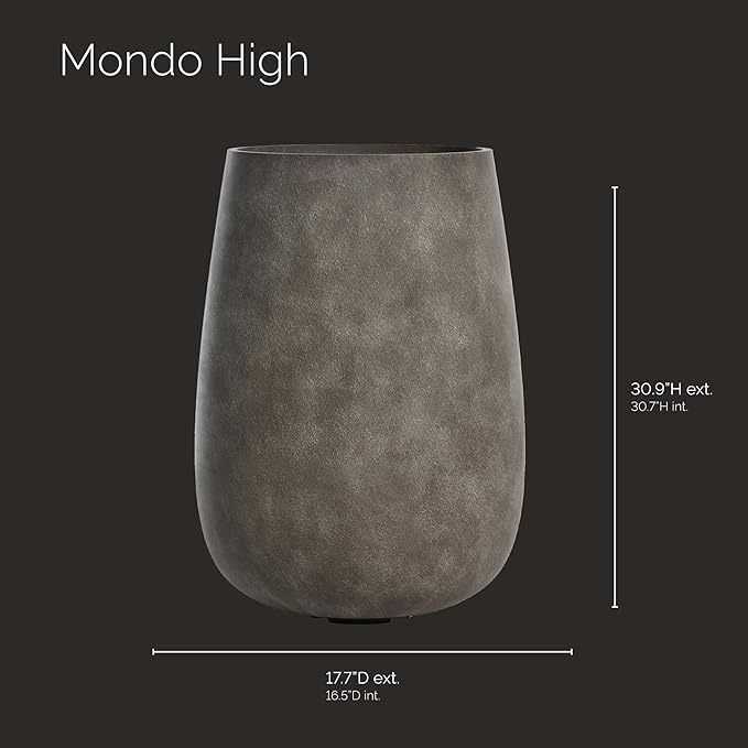 Mondo High Tall Planter – River Stone Finish – Fiberglass Indoor/Outdoor and Weather-Resistant Round Planter (17.7" D x 30.9" H Exterior, 16.5" D x 30.7" H Interior)