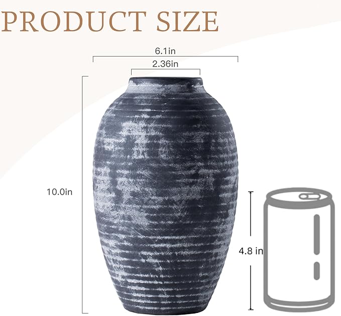 Farmhouse Rustic Ceramic Vase, 10.6 inch Gray-White Textured Modern Weathered Pottery Terracotta Vintage Vases for Home Decor Enterway Coffee Table Mantel Shelf Decorative (Tall - B)
