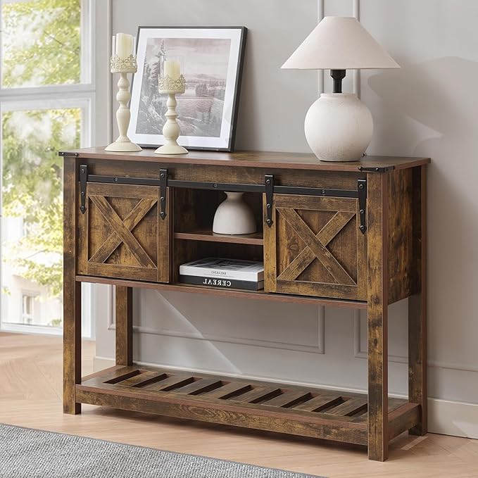Farmhouse Living Room Table Set of 3, 2 Rustic End Table with Charging Station and 1 Sofa Table with Large Hidden Storage, Farmhouse Sofa Table Set for Living Room, Office, Brown