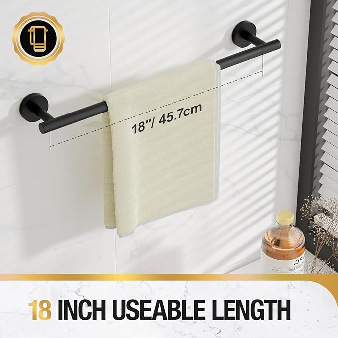 HITSLAM Matte Black 18 Inch Towel Bar for Bathroom, SUS304 Stainless Steel Bathroom Towel Rack Wall Mounted, Modern Home Decor Bath Towel Holder with Hardware Accessories (Total Length 19.8 Inch)