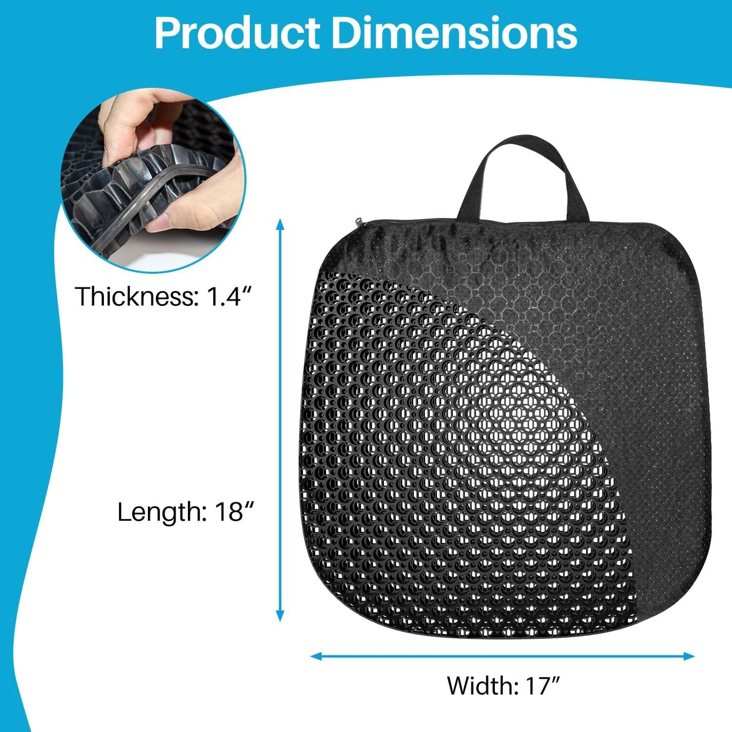 Skiennix Gel Seat Cushion - Thick, Soft & Breathable for Long Sitting | 18 x 17 Inches, Black
