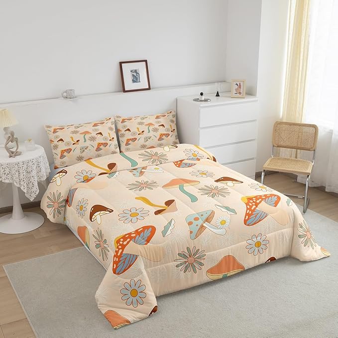 Castle Fairy 60s 70s Retro Mushroom Comforter Set Full Size,Groovy Flowers Floral Bedding Comforters for Girls Teens Gift,Boho Art Quilt Set with 2 Pillowcases,Chic