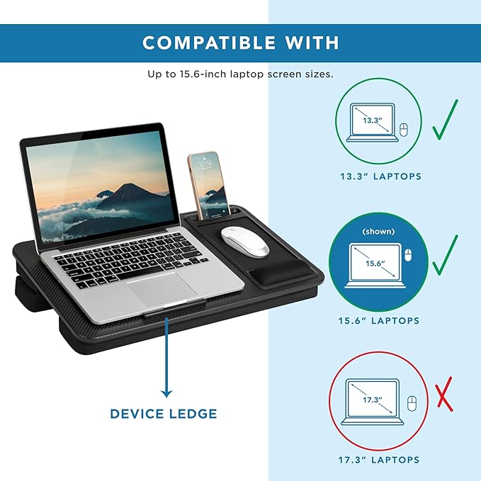 LAPGEAR Large Adjustable Lap Desk – Fits Laptops up to 15.6”, Adjustable Cushion, Memory Foam Wrist Rest, Mouse Pad, Device Ledge, & Phone Slot - Black Carbon - Style No. 88008