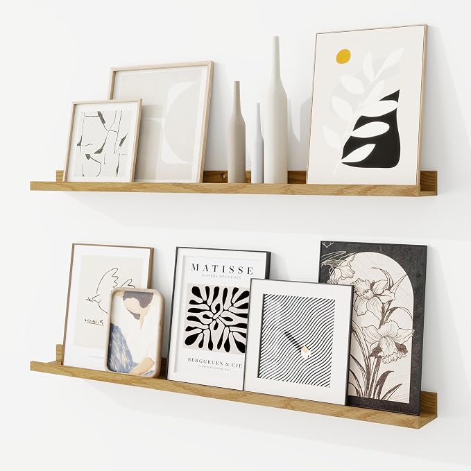 RICHFOCUS Picture Ledge Shelf, 36 inch Floating Shelves Set of 2, Wood Wall Shelves with Lip, Wall Decor Storage for Bedroom Living Room Bathroom Kitchen Nursery Photo Picture, Oak