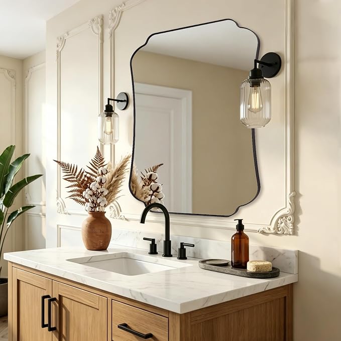 ANDY STAR 36x48 Inch Black Bathroom Mirror, Large Scalloped Wave-Edge Wall Mirror for Bathroom Vanity, Decorative Modern Vintage Metal Frame Mirror for Living Room, Entryway, Bedroom