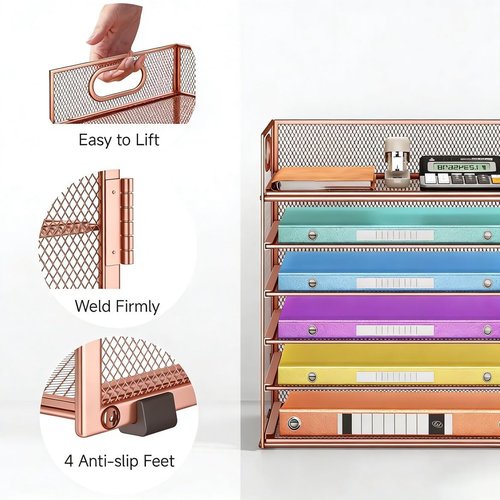 Regine Switzerland 6-Tier Letter Tray - Stylish Rose Gold Mesh Desk Organizer for Office & Home