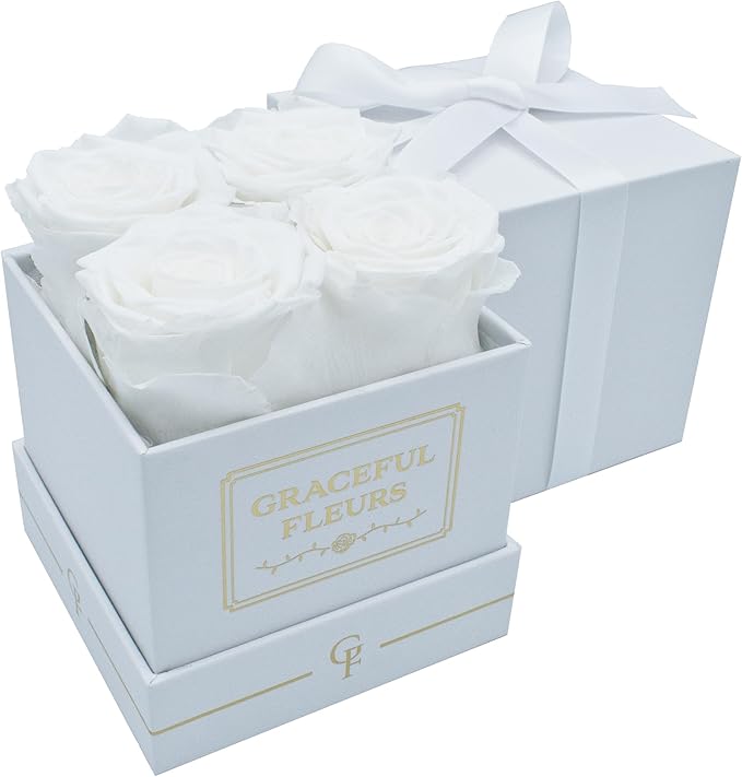 Graceful Fleurs | Real Long Lasting Roses for Years | Preserved Fresh Flowers for Delivery Birthday | Birthday Gifts for Women | Forever Roses in a Box (White, White Box, 4 Roses)