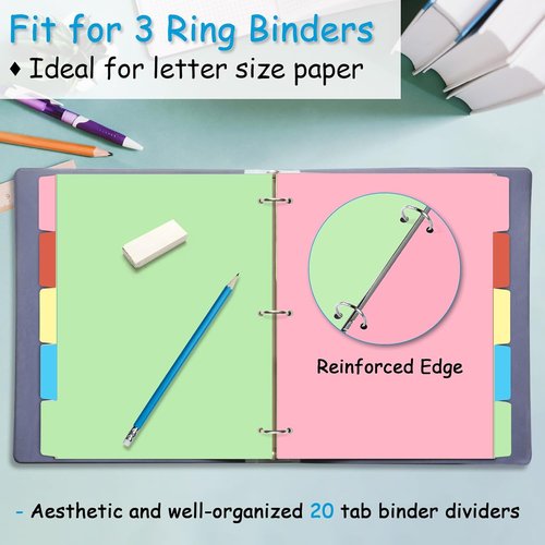 Binder Dividers - 1/5 Cut Tabs for 3 Ring Binders | Colorful Blank Write-On Page Dividers, 20 Total