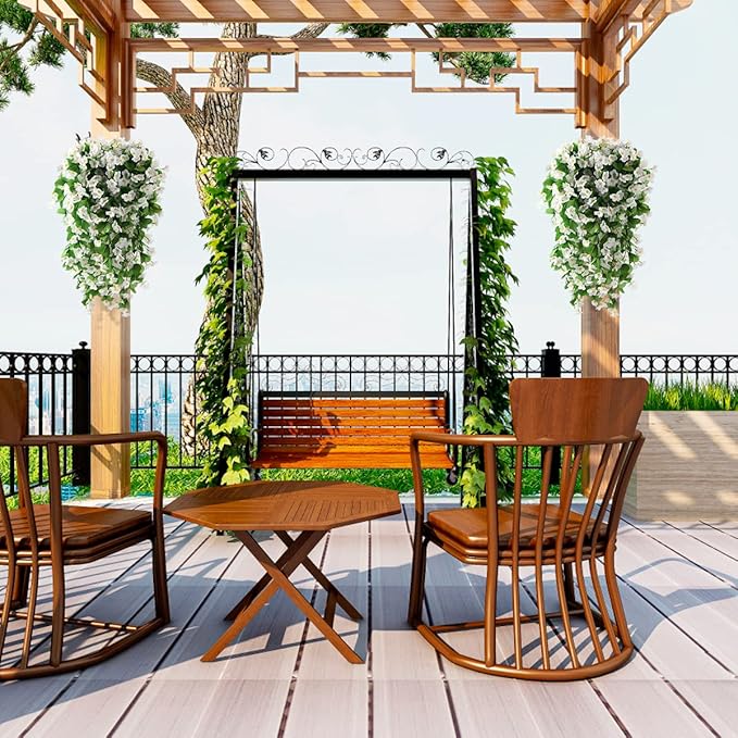 Artificial Fake Hanging Flowers Plants for Outdoor Spring Summer Decoration, 2PCS Faux Silk Violet UV Resistant Look Real Trailing Vines for Outside Home Planter Porch Patio(White)