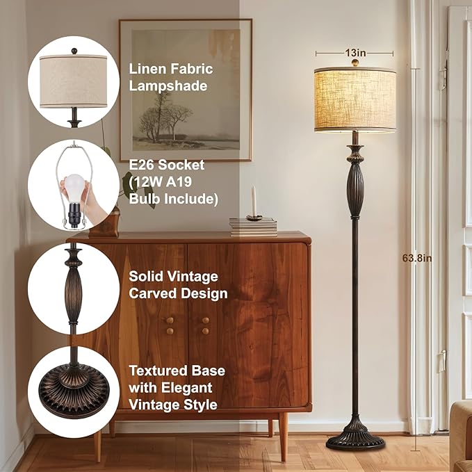 63.8" Vintage Floor Lamp with Rotary Switch, Dimmable Color Temperature Standing Lamp, Retro Farmhouse Floor Lamps for Living Room, Bedroom, Hallway, Office, Room Decor, Antique Black (Bulb Included)