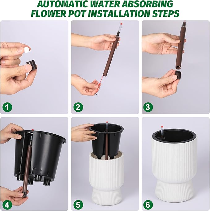 14.2" Tall Planters Set of 2, Plant Pots, Self Watering Pots for Indoor Plants, Flower Pots With Built-In Drainage and a Water Level Monitor, for Patio, Porch, Living Room, or Office, Marble White