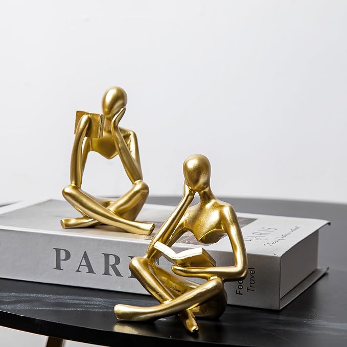 Prettidecor Thinker Statue Set of 2, Abstract Art Reading Sculpture Figurine, Modern Aesthetic Home Decoration for Living Room Bedroom Office Shelves Coffee Table Desk Bookshelf Decor (Gold)