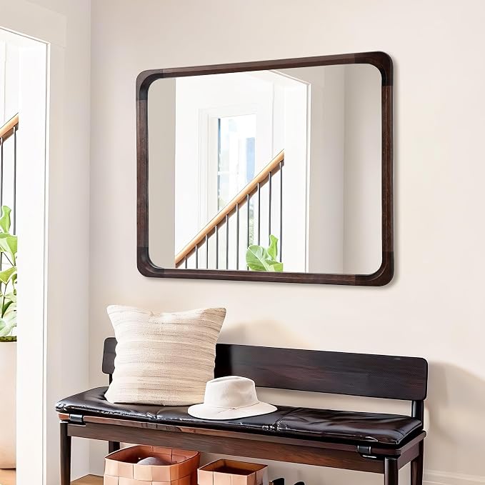 Tanmicoshomy Wood Bathroom Mirror 30 x 36 Inch, Solid Wood Framed Rectangle Mirrors with Tempered Glass for Living Room Bedroom or Entryway(Dark Brown)