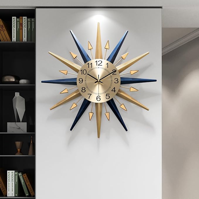 Starburst Large Wall Clock,Mid Century Decorative Wall Clock Modern Silent Clock Battery Operated for Living Room/Kitchen/Entryway/Bedroom/Office/Dinning Room Metal Wall Decor
