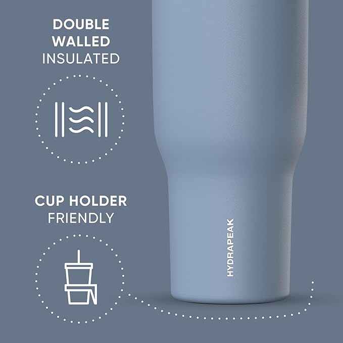 Hydrapeak Voyager 40 Oz Stainless Steel Tumbler with Handle, Insulated Water Bottle With Straw & Lid, Cupholder Friendly Reusable Travel Mug (Modern Blue)