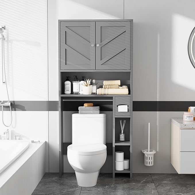 Farmhouse Storage Cabinet Over Toilet with Toilet Paper Holder Stand, Freestanding Bathroom Storage Organizer Cabinet, Grey