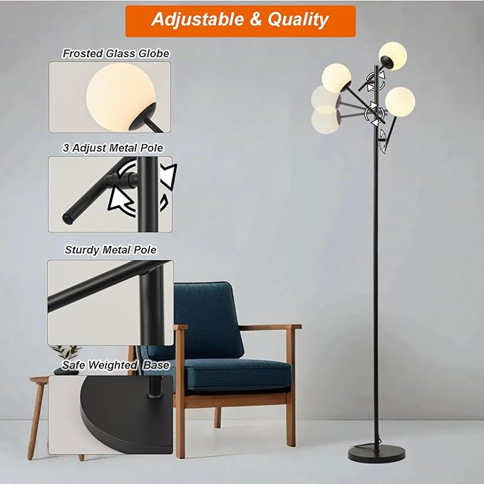 Fiqevs Mid Century Modern Floor Lamp -3 Adjustable Globe Lamps, Including LED Bulbs, Black Standing Light for Living Rooms bedrooms