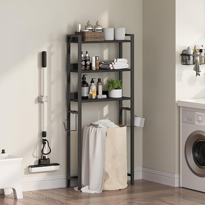 MAHANCRIS Over The Toilet Storage Rack, 3 Tier Bathroom Organizer Over Toilet, Freestanding Space Saver Toilet Stand with 2 Hooks, Bathroom Storage Shelf, Easy to Assemble, Black TSBK6001